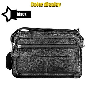 Detailed close-up of a black leather crossbody bag featuring dual front zipper pockets
