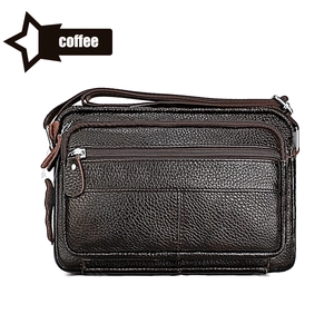 Detailed view of coffee brown genuine leather shoulder bag with multi-layer zippers