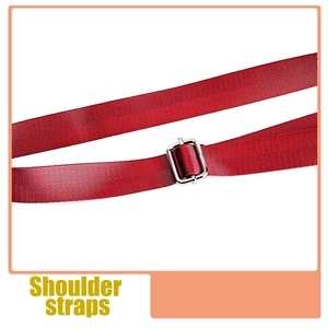 Detail of red adjustable shoulder strap with herringbone pattern and silver buckle