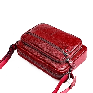 Red lychee grain genuine leather crossbody bag with multiple zipper compartments for women