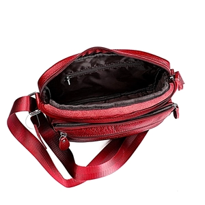 Dark red genuine leather crossbody bag with multiple zipper compartments for women