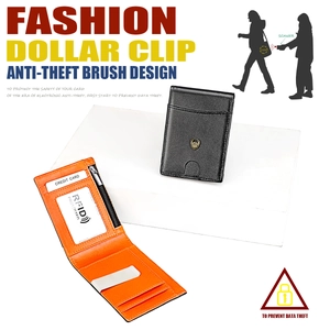 Détails du portefeuille mince en cuir avec RFID, logo doré et intérieur orange vif