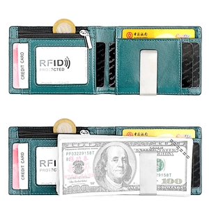 Détail du portefeuille mince en cuir bleu sarcelle avec RFID et pince à billets incluse