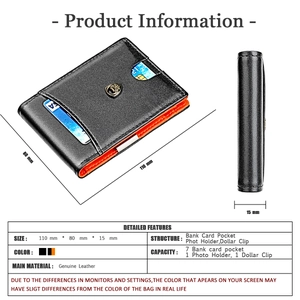 Détail du portefeuille en cuir véritable montrant l'extérieur noir et l'intérieur orange