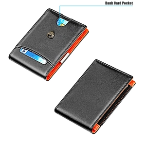 Gros plan sur un portefeuille mince en cuir noir grainé avec doublure orange vif