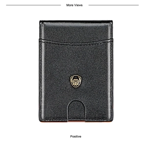 Détail du portefeuille en cuir noir avec fente pour carte et emblème de bouclier doré