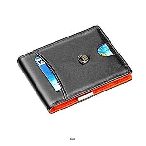 Vue latérale du portefeuille fin en cuir montrant la doublure orange et les coutures