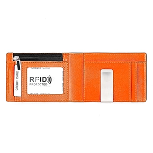 Détail du portefeuille en cuir orange avec protection RFID et pince à billets en argent