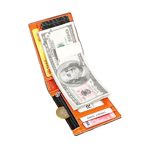 Portefeuille fin en cuir RFID orange et noir avec pince à billets et poche zippée