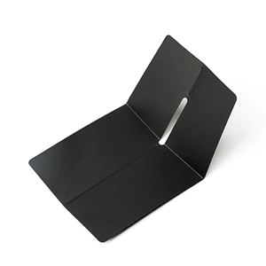L-shaped black metal card wallet bracket with frosted finish and matte steel guide slot