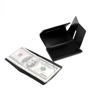 Detail view of black RFID-blocking wallet showing card slots and cash storage capacity