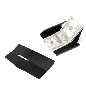 Detail view of matte black RFID blocking slim wallet with cash and card slot compartments