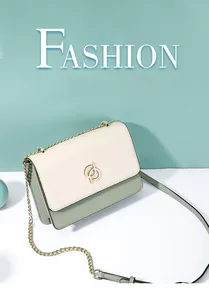 Détail d'un sac bandoulière bicolore avec boucle métallique dorée entrelacée élégante