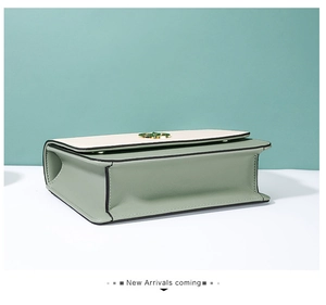 Détail du rabat en cuir bicolore vert clair et beige avec fermoir en métal doré