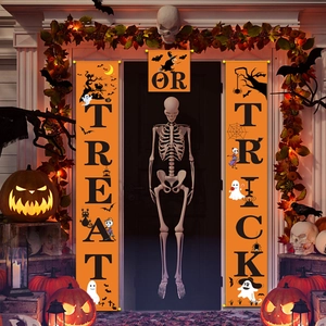 Three-piece Halloween trick or treat porch banners with pumpkin and ghost illustrations