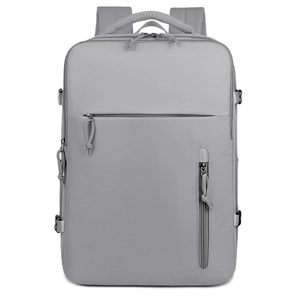 Vista frontale di uno zaino porta pc grigio chiaro impermeabile con tasche a zip