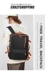 Detail of black business backpack with USB port, leather trim and waterproof fabric