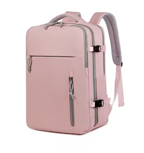 Vista laterale del grande zaino rosa da business con strati di zip e cinturini