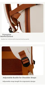 Detail of reinforced triangular stitching and adjustable strap buckle on beige backpack