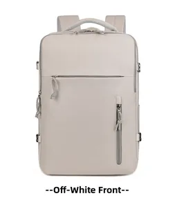 Vista frontale dello zaino porta PC beige impermeabile con cerniere e fibbie regolate