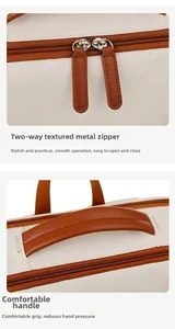Detail of dual metal zippers and comfortable leather-trimmed carry handle on the backpack