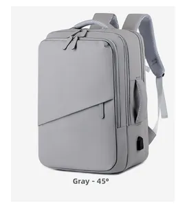 Gray travel laptop backpack with multi-layer pockets and USB port in 45-degree view