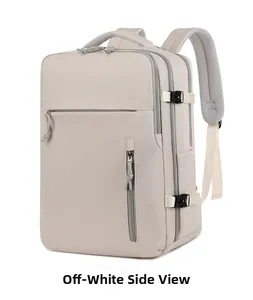 Vista laterale dello zaino porta PC beige impermeabile con fibbie e spallacci in rete