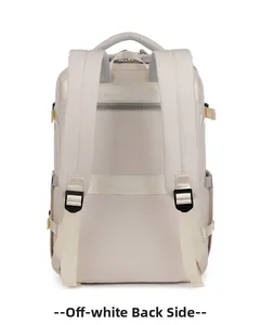 Dettaglio del retro dello zaino beige con spallacci imbottiti e fascia per il trolley