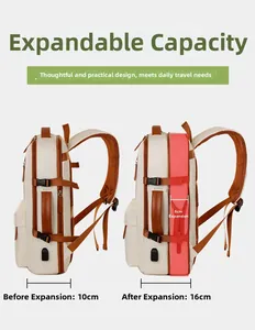 Detail view of laptop backpack showing expandable depth from 10cm to 16cm with USB port