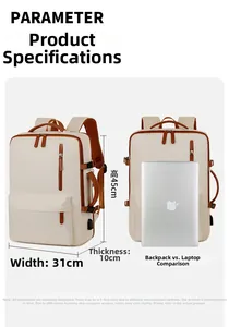Detailed dimensions of the beige business backpack with USB port and size comparison