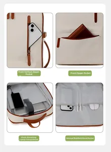 Detail view of the backpack showing multi-pocket storage and cushioned laptop compartment