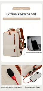 Detail of the white business backpack with external USB port and brown handle trim