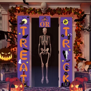 Purple Halloween porch banners with orange Trick or Treat text and festive cartoon elements