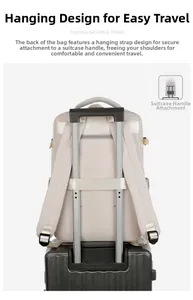 Dettaglio della fascia per trolley su uno zaino business beige per viaggi facili
