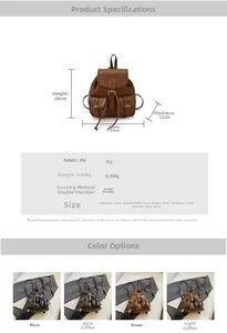 Detail showing dimensions of vintage PU leather backpack for women with size measurements