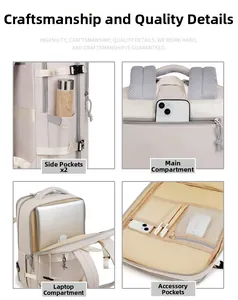 Dettaglio macro dello zaino beige con scomparto per laptop e tasche interne organizzate