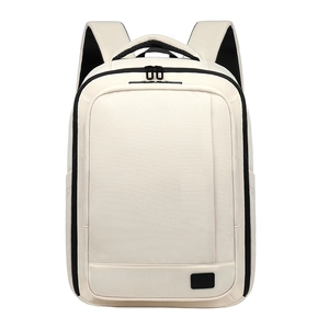 Minimalist beige expandable laptop backpack with black zippers and durable fabric