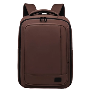 Deep brown business laptop backpack with expandable large capacity and matte leather finish