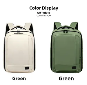 Minimalist business backpacks in beige and sage green with large front zippers