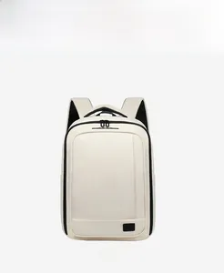 Front view of cream white expandable laptop backpack with black contrast zipper detail