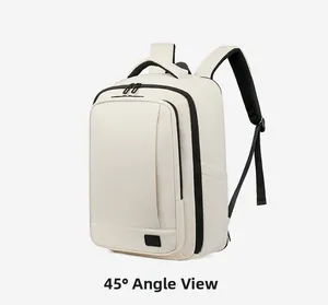Business laptop backpack in cream white with black breathable mesh straps, 45 degree side view