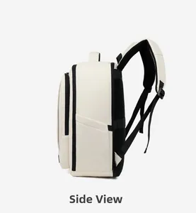 Side view of an expandable off-white backpack with black zippers and breathable mesh back