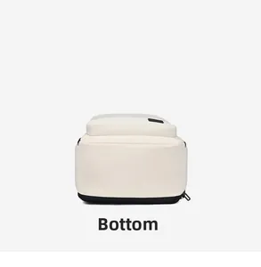 Detailed bottom view of the expandable minimalist laptop backpack with reinforced black base