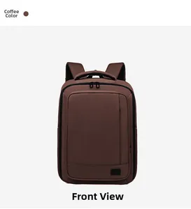Front view of coffee brown matte leather laptop backpack with minimalist sleek design