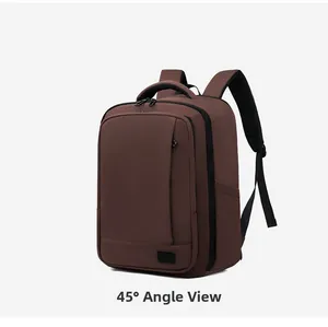Detail view of large capacity brown backpack with breathable ergonomic shoulder straps