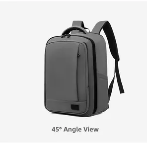 Business laptop backpack in dark grey with a 45-degree angle view and side pockets