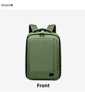 Front detail of dark green waterproof business backpack with minimalist square design