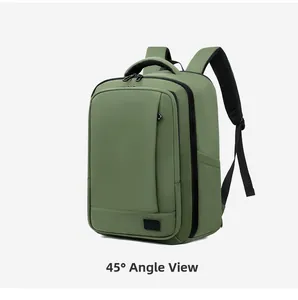 Olive green expandable laptop backpack shown from a 45-degree angle view