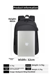 Detailed dimension guide showing 46x32x17cm size for water-repellent business laptop backpack