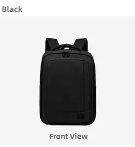 Front view of black expandable laptop backpack with reinforced handle and sleek nylon fabric